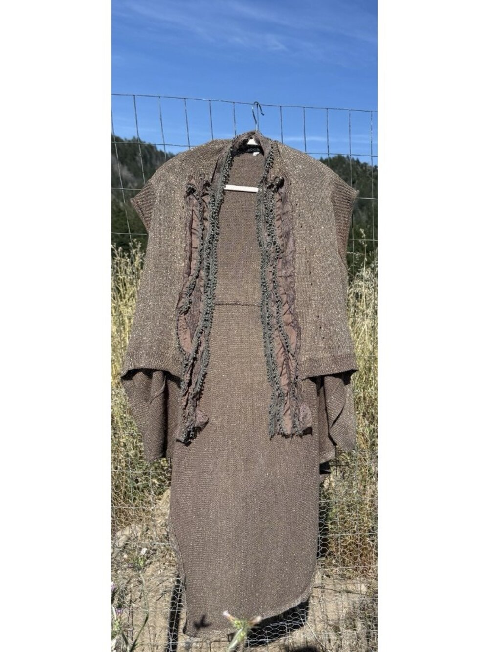 Doki Geki Cardigan Asymmetric Open Front  Sz M Lightweight Lace Boho Long Brown